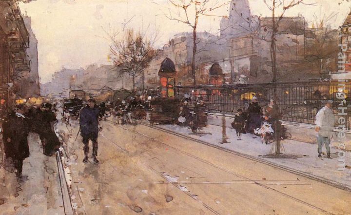 A Parisian Street Scene with Sacre Coeur in the distance painting - Luigi Loir A Parisian Street Scene with Sacre Coeur in the distance art painting